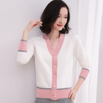 

New Woman Thick Autumn Winter Knitted Cardigan Elegant Pearl Button Sweater OL Style Contrast Color Jacket Stripe V Neck Coat