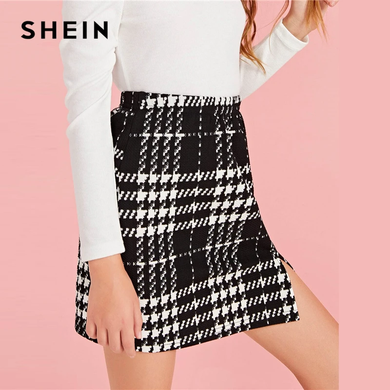 SHEIN/Детская Повседневная мини-юбка в черно-белую клетку с разрезом на подоле, детские штаны, осенние прямые юбки с высокой талией для подростков