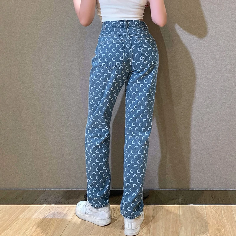 Moon Print Pants Straight Leg Mom Jeans Women High Waist Denim Trousers Slim Streetwear 2021 Fashion Y2k Style Baggy Clothing