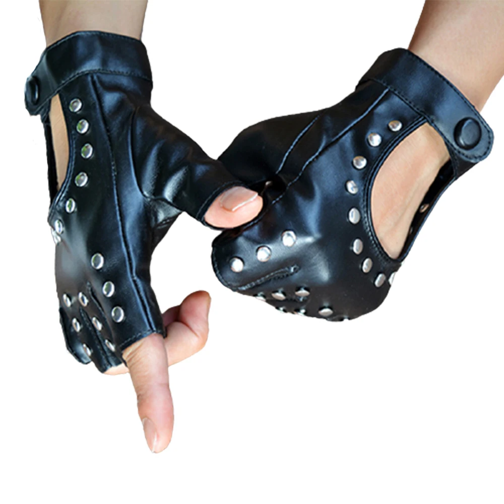 

Women Punk Fingerless Dance Gloves with Studs Black PU Leather Rivets Cosplay Performance Dance Gloves Comfortable Sexy Cool