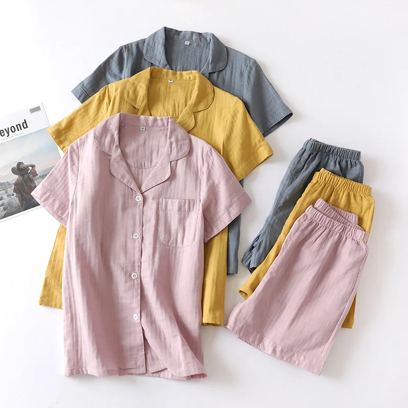 

Summer Kimono Couple Pajamas Set Men And Women Cotton Gauze Thin Short-sleeved Shorts Home Service Suit Loose Cardigan Yukata