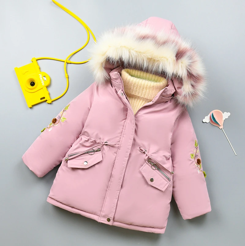 Pink Парка с вышивкой для девочек; куртки; теплая одежда для малышей; пальто с капюшоном из плотного меха; ветрозащитная детская зимняя куртка; Детское пальто для улицы; 3-9 - Цвет: Pink