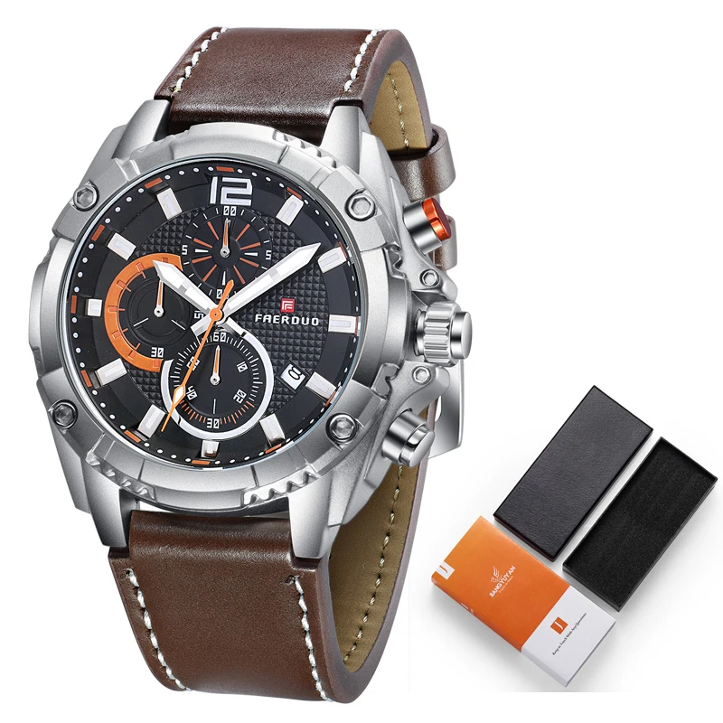 sliver with box Leather Mens Watches Waterproof Quartz Business Men Watch Top Brand Luxury Clock Casual Black Sport Watch Relogio Masculino - Цвет: sliver with box