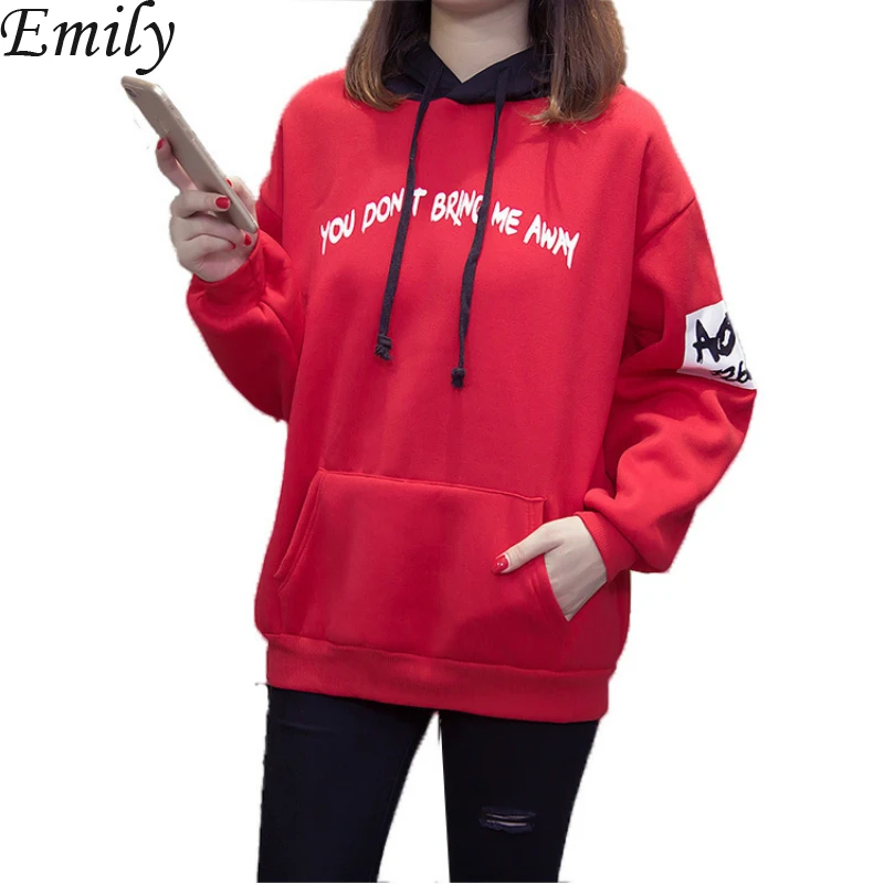 

Kpop Hoodies Women Letter Thick Plus Velvet Pullover Pockets Hooded Tops Ladies Sweatshirt Korean Style Casual Streetwear