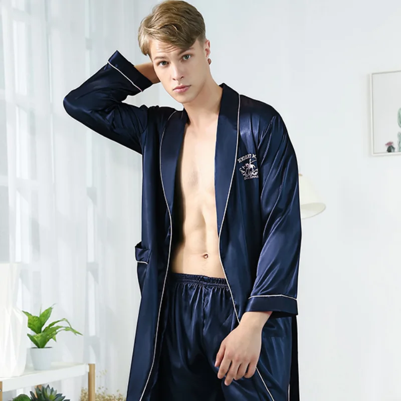 Men\'s Robe Sets Nightgown Satin Silk Summer And Autumn Kimono Bathrobe Gown Long Sleeve Sleepwear 2 Pieces Home Dressing MY440
