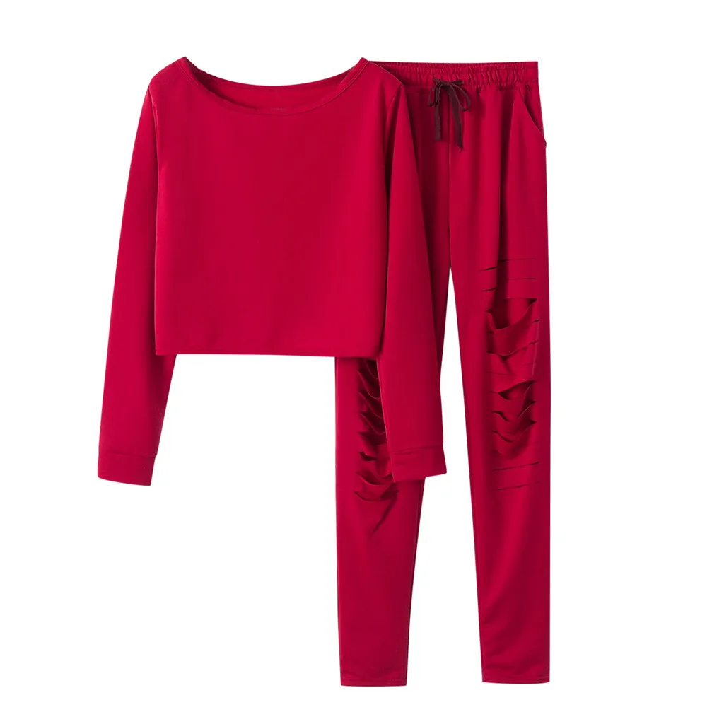 Женский однотонный свитшот с капюшоном и брюки спортивный костюм - Цвет: Красный