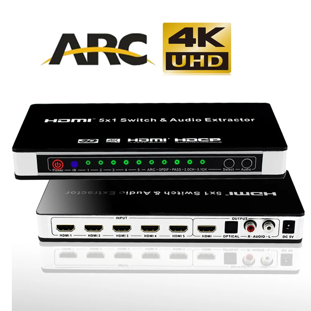 4K HDMI переключатель с пультом дистанционного управления коммутатор 5x1 с аудио HDMI 1,4 HDMI аудио экстрактор дуги цифровой toslink аудио