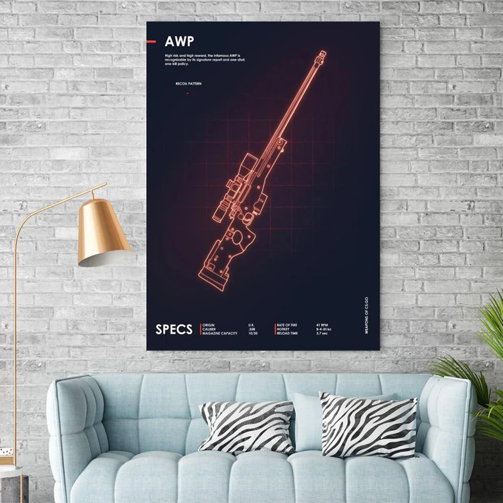 Игровой плакат Cs Go Counter Strike неоновое оружие AWP снайперский пистолет