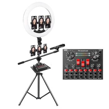 

LED Photography Ring Light 18inch Dimmable Video Lamp 6 Phone Holders with Microphone Sound Card Floor stand for Photo Studio