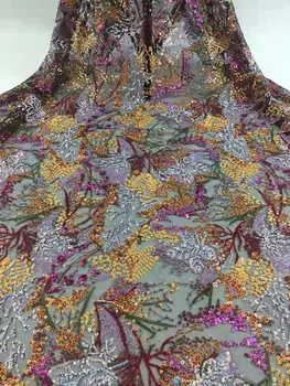 

High quality multi-color beads sequins embroidered French mesh lace Nigerian lace fabric suitable for dress skirt DIY clothing