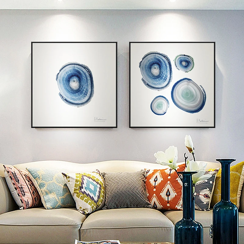 Абстрактный черный круг геометрическое синее дерево кольцо холст картина