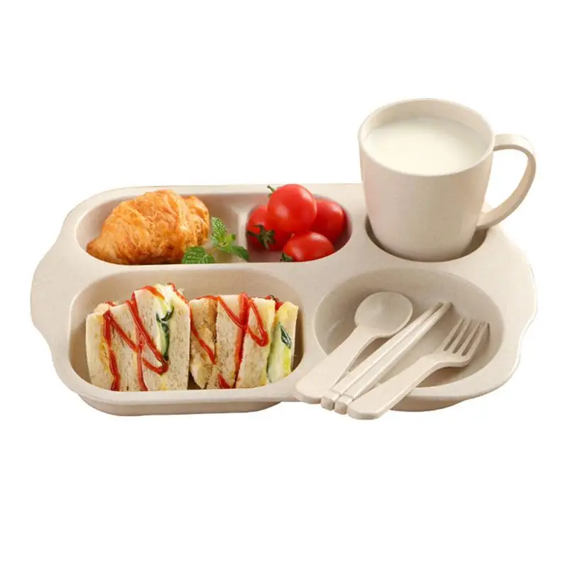 

6PCS Wheat Straw Kids Dinner Tableware Set Plastic Divided Food Plate Dining Bowl Feeding Cup Meal Dish Spoon Fork Chopsticks