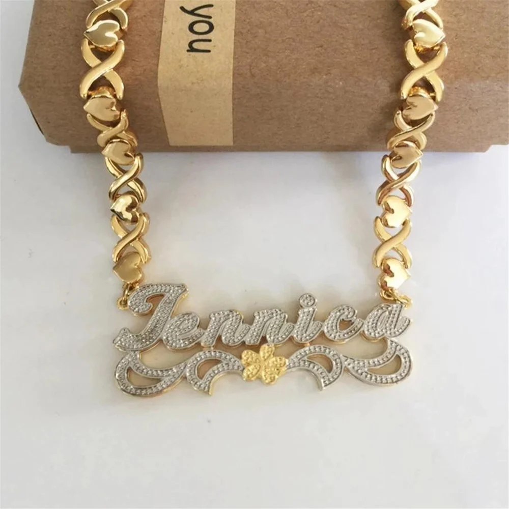 Custom Name Necklace Double Layer Nameplate 18k Gold Necklace Personalized XOXO Heart Chain Women Name Necklace