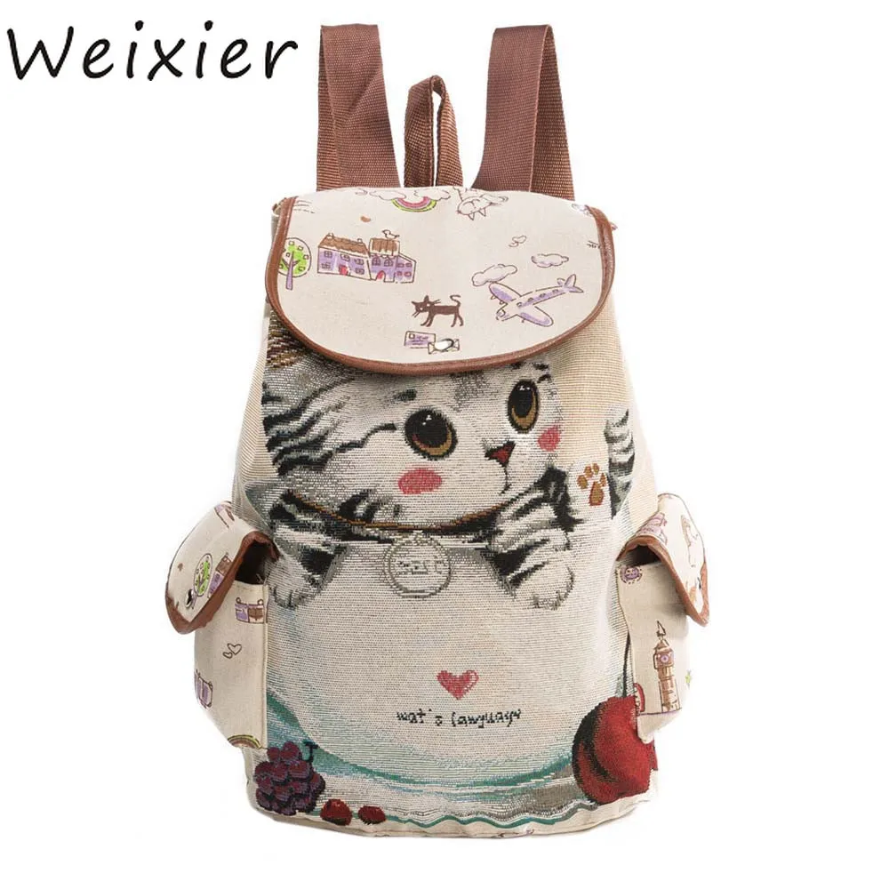 WEIXIER, Холщовый Школьный рюкзак, женский, милый, с рисунком кота, на шнурке, рюкзак для девочек, подростков, большой емкости, для девушек, школьный ZK-96