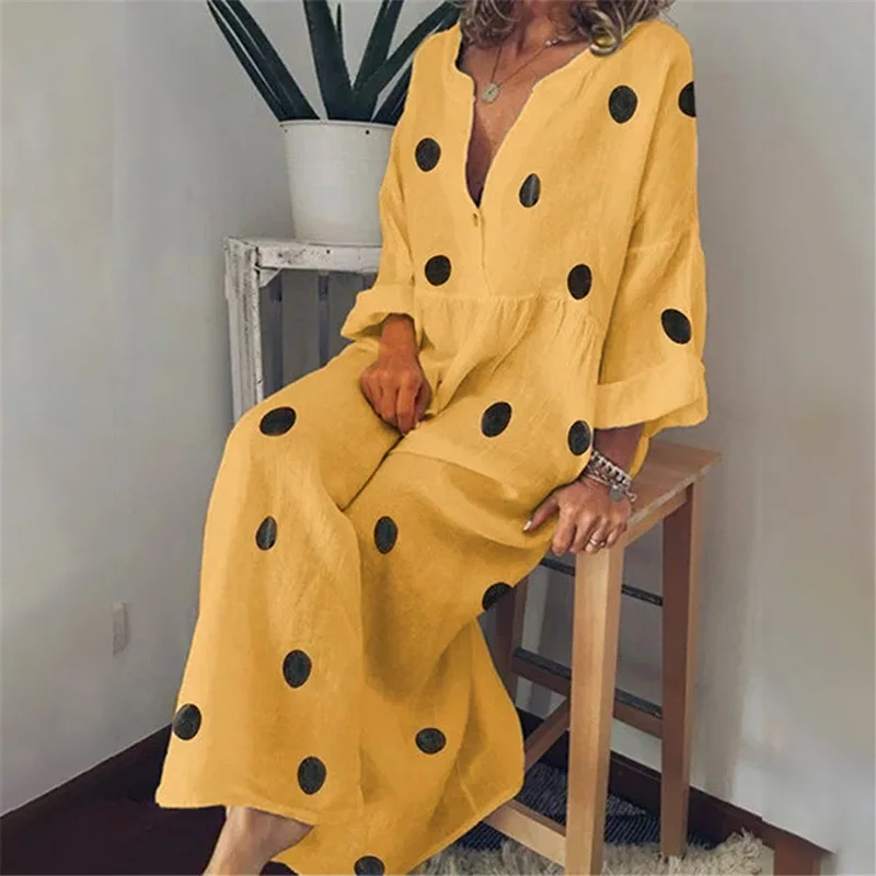 LITTHING размера плюс женское летнее повседневное свободное богемное Макси-платье в горошек с длинным рукавом сексуальное пляжное платье с v-образным вырезом винтажное Vestidos - Цвет: yellow