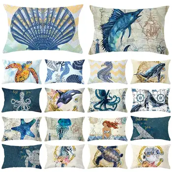 

30 cm x 50 cm Retro Sea Animal Pattern Printed Pillow Case Turtle Sofa Bedroom Living Room Short Plush Cushion Cover Home Decor