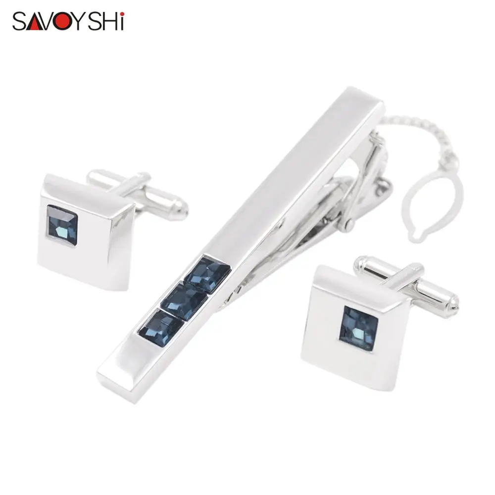 

SAVOYSHI High Quality Custom Cufflinks tie clip set for Mens Cuff links necktie clip tie pin Crystals tie bars Free Carving Name