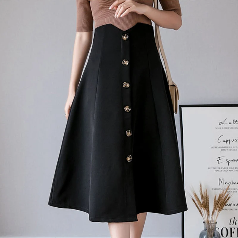 Faldas mujer moda черная длинная юбка средней длины А-силуэта Женская юбка на весну и зиму Женская винтажная юбка на пуговицах с высокой талией ropa mujer
