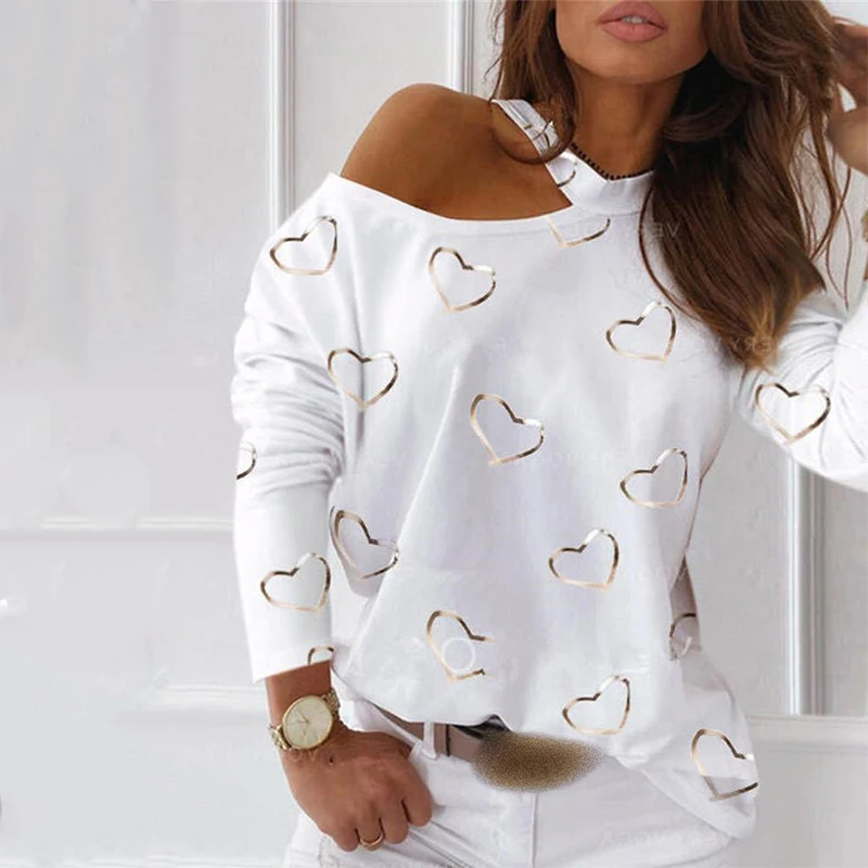 

Autumn Winter Casual One Shoulder Heart Print Comfy Sweatshirts Halter Top Oversized Long Sleeve T-Shirts For Women 2020