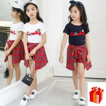 

Kids Girl Clothes 2018 New Style Girls Summer Kids Children Sets Wear Short Sleeve T-Shirt +Lattice Culottes Two Piece Set