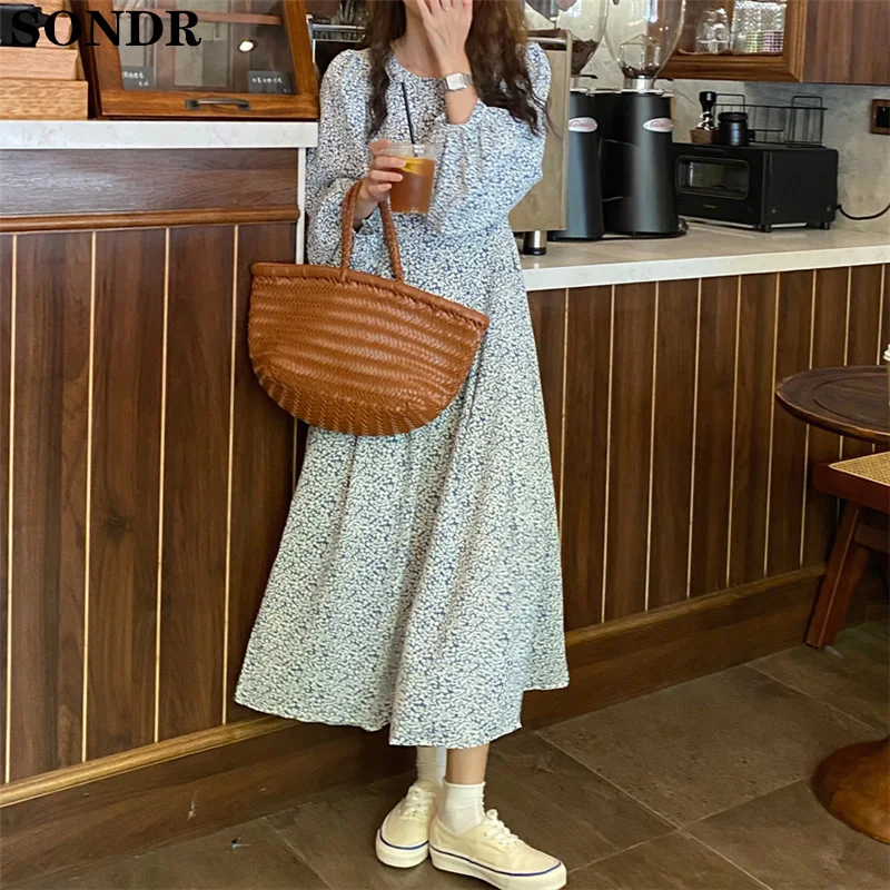 

2020 New Autumn Long Sleeve Women Dress Retro Romantic Floral Lantern Sleeve Slim Chiffon Dress Female A-Line Ladies Vestidos