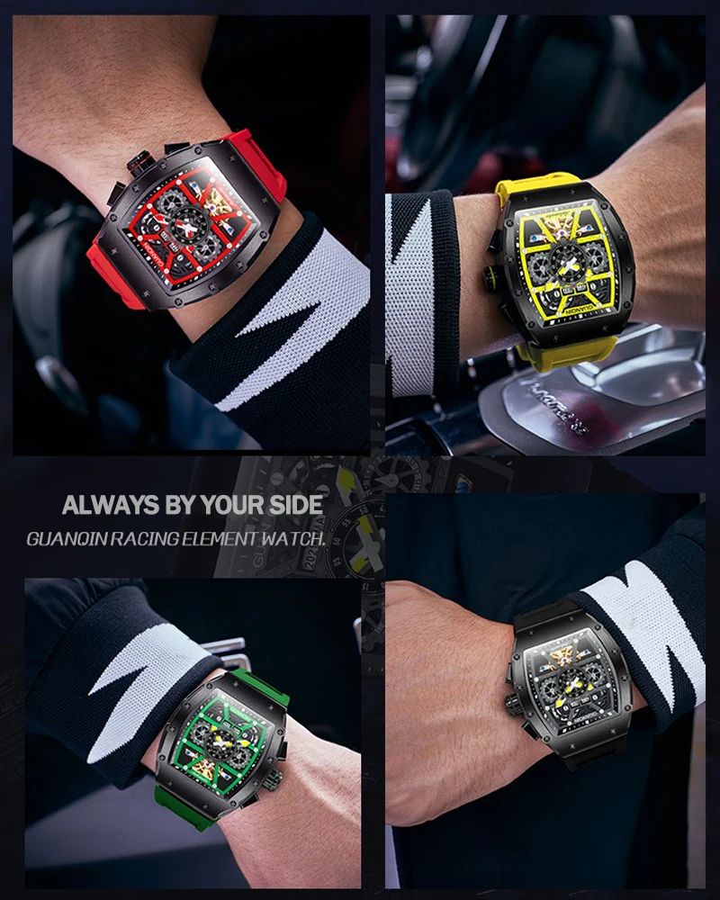 GUANQIN Luxury Automatic Watch Skeleton Skull Watch 2022 Tourbillon design waterproof Day Date Year Month Display Rubber Strap