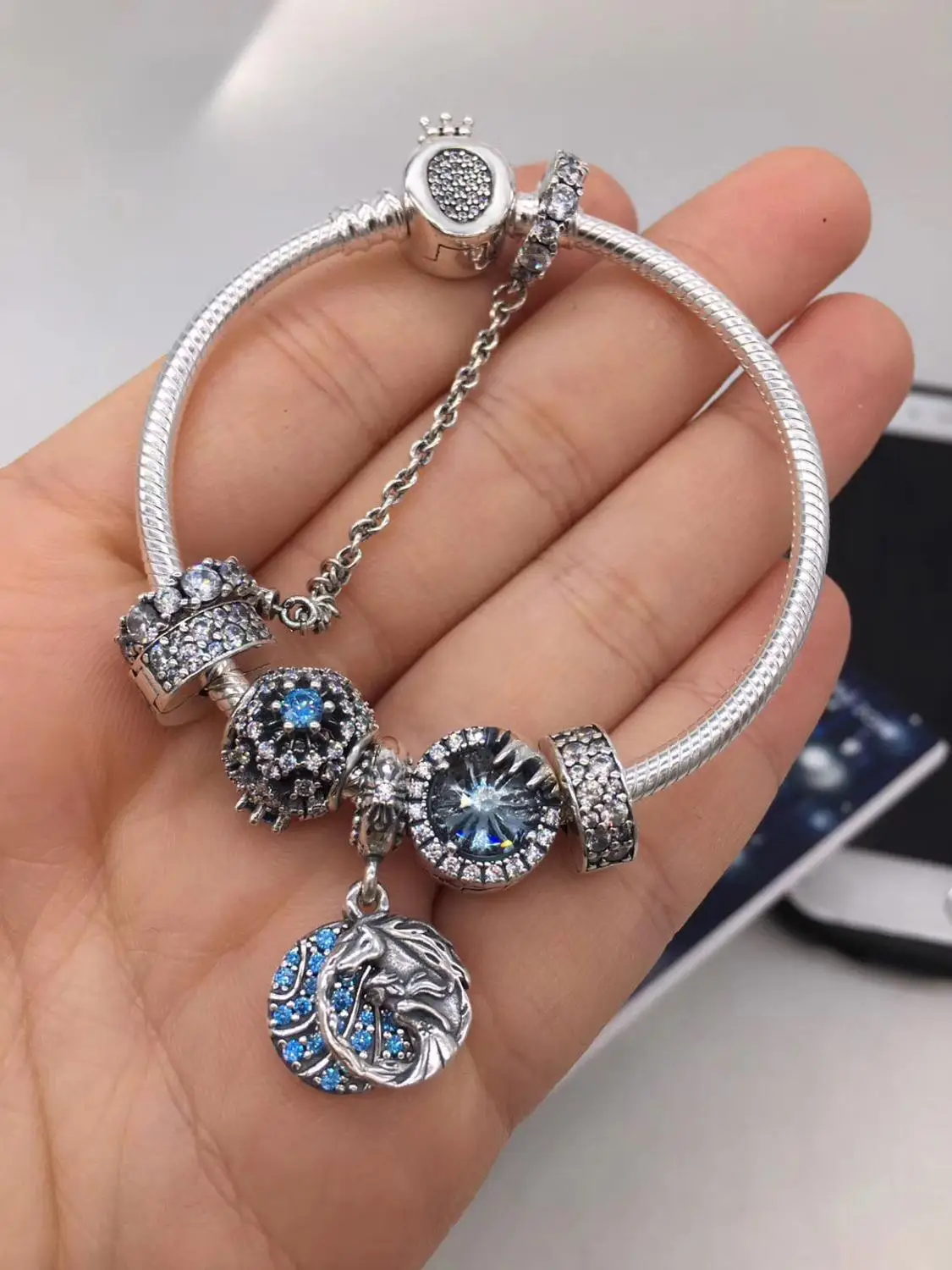 

High Quality Blue Gem Bead Pendant Crown Set In Sterling Silver with Original Logo Jewelry As A Gift, Free Shipping.