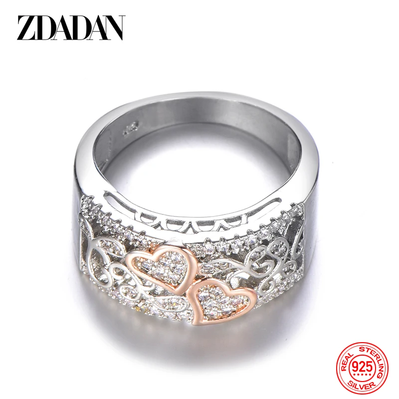 ZDADAN 925 Sterling Silver Heart CZ Rings for Women Wedding Jewelry