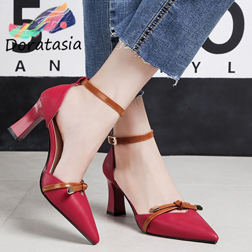 

DORATASIA Girl Office Cool Shallow High Heels Sandals Summer Trendy Elegant mixed-color Sandals Women Pointed Toe Shoes Woman