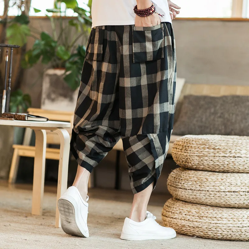 Zogaa 2019 New Radish Pants Male Loose Pants Chinese Style Harem Feet Pants Plaid Pants Summer Men's Fashion Cross-pants