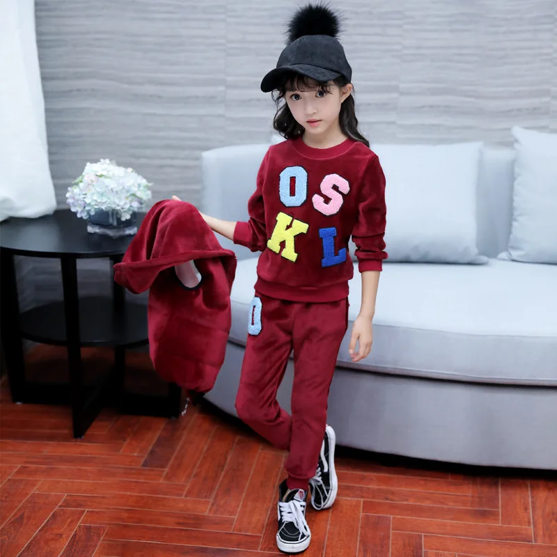 

2018 New Style Sweet CHILDREN'S Suit Girls Fall And Winter Clothes Big Boy Children Color Lettered Gold Velvet Three-piece Set F