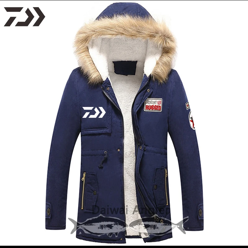 Daiwa Thick Cotton Fishing Jacket Men Windproof Thermal Hiking Fish Clothes Print Hooded Zipper Camping Outdoor Clothing