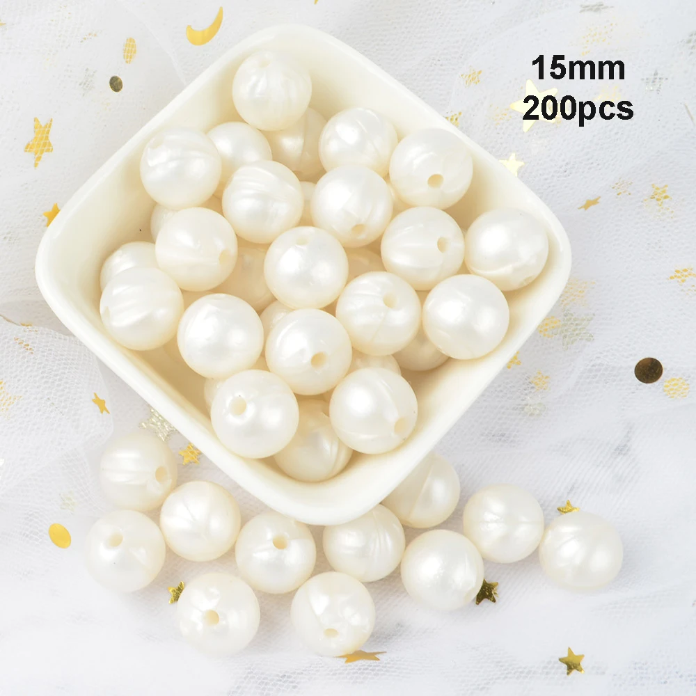 Pearl white LOFCA 15 мм 200 шт Силиконовые Бусины Пищевой Круглый Прорезыватель Детские Жевательная Для Прорезывания Зубов Бусины Соска-Подвеска Аксессуары для изготовления - Цвет: Pearl white
