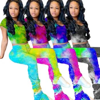 

Tie Dye Sets oufits for Women Summer 2 Piece Crop Top Pleated Pants Fashion 2piece Set Ruched Stacked Leggings Trousers Suit