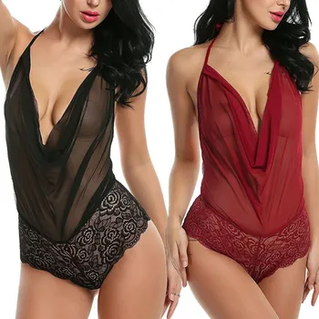 

Women Sexy Lingerie Lace Sexy Deep V Solid Halter Sleep Bodysuit Romper Sleepwear Nightwear Women Underwear Newest 1pc