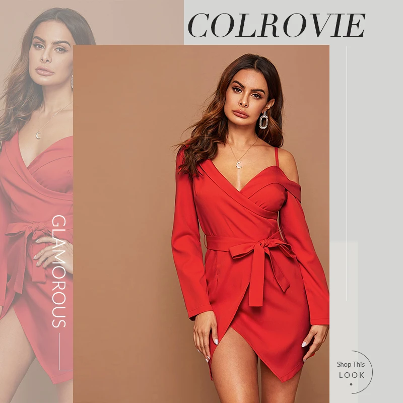 COLROVIE ярко-красное асимметричное платье с поясом на шее, женское однотонное мини-платье с длинным рукавом, весенние сексуальные платья с высокой талией