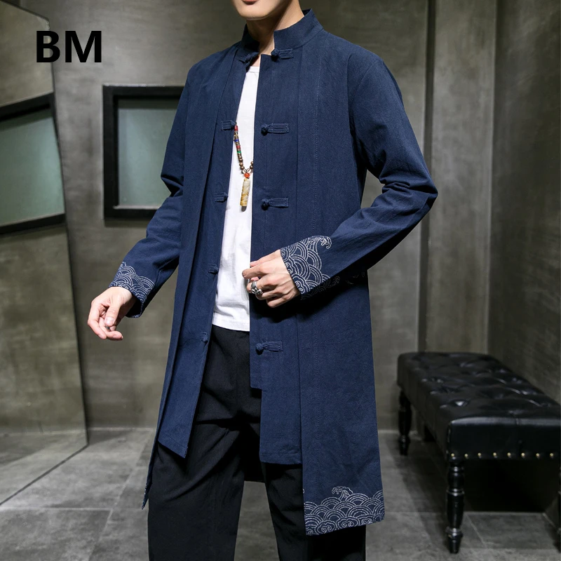 Ropa de estilo chino Tang para hombre, traje largo de algodón, Hanfu, abrigo de estilo antiguo, bata de estilo nacional, rompevientos, 2020