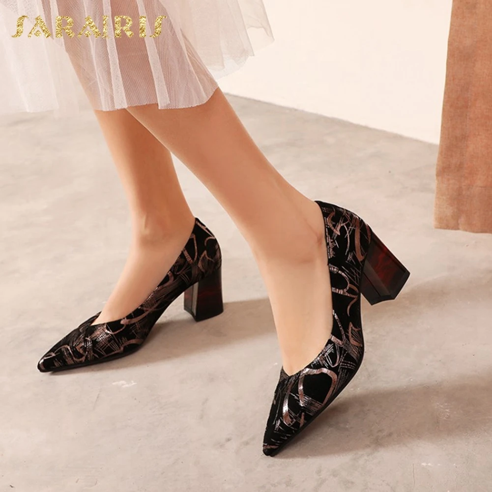 

Sarairis 2020 New Arrivals Genuine Leather Square Heels Mix Color Shoes Woman Pumps Female Slip On Pointed Toe Pumps Women Shoes