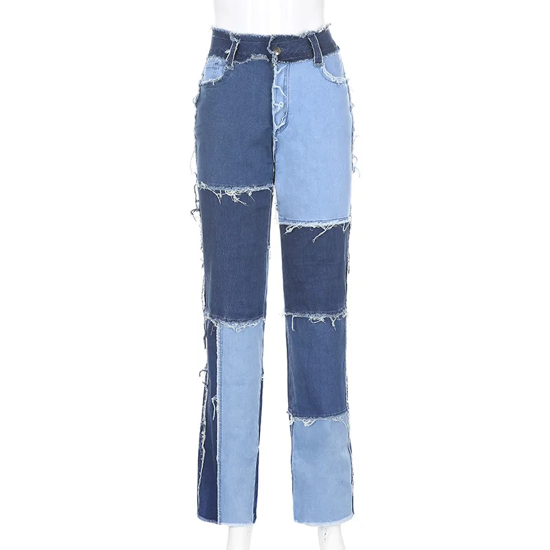 SIDDONS Jeans For Women Fashion Patchwork Jeans Baggy Pants Women Streetwear Cargo Pants High Waisted Denim Straight Trousers