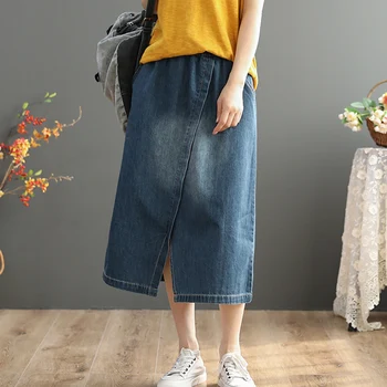 

Women Denim Skirt Split Slit Midi Long Blue Elastic Waist for Spring Summer Bleached AZ20321816