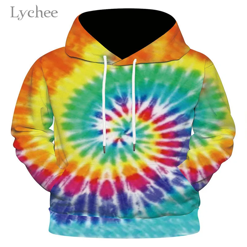 

Lychee Harajuku Tie Dyeing Vortex Women Hooded Sweatshirt Loose Hoodies Tracksuit Color Block Lady Pullovers Sweatshirt
