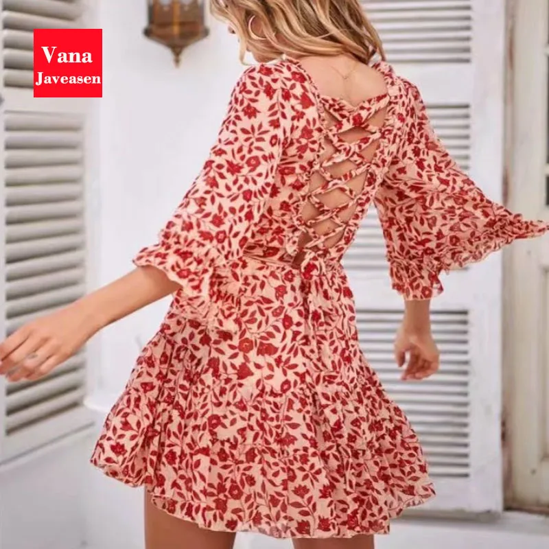 Vana Javeasen Boho женское платье с коротким рукавом, летнее платье с v-образным вырезом и рюшами, а-силуэт, женские платья, Бандажное пляжное платье с открытой спиной