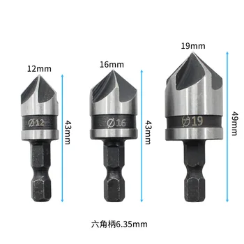 

3pcs High Tech 1 / 4 90 Degree Hexagonal Handle Five Edge Woodworking Chamfering Countersunk Head BHA Chamferer 12 / 16 / 19 mm