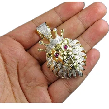 

FDLK Yellow gold 3D Lion Head Crystal Pendant Charm 2.20ct 24&quot Chains Crown Men's Punk Jewelry