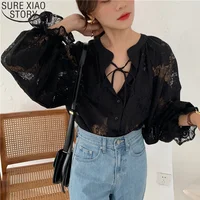 2021 Spring Women Shirts Fashion Carved Lantern Long Sleeve Autumn Black Lace Shirt Tops Loose Blouse Cardigan Clothes 10202 1