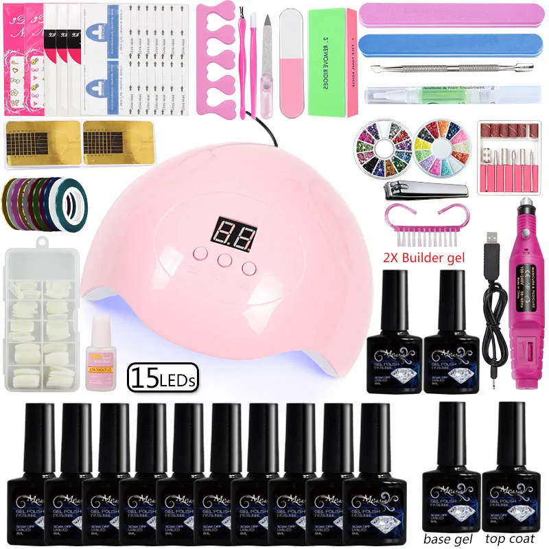 15leds lamp gel set Маникюрный набор, акриловые наборы для ногтей на выбор, 10 цветов, 80 Вт, Сушилка для ногтей, машина для сверления ногтей, 10 шт, полигель-лак, отмачиваемый, маникюрный набор инструментов - Цвет: 15leds lamp gel set