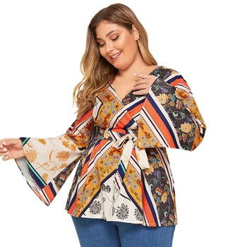 

2019 Autumn Winter Plus Size Top Flower print Sexy V neck Long Tee with Waist tie Slim Flare Long Sleeve Loose Women Clothing