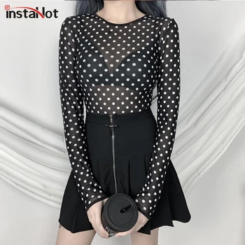 

InstaHot Polka Dot Mesh Bodysuit See Through Slim Long Sleeve Romper O-neck Transparent Bodysuit Summer Casual Sexy Black Body