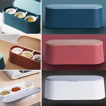 

Ceramic Seasoning Rack Spice Pots Seasoning Box Set Oil Bottle Bowls With Spoon Porcelain Box Kitchen StorageUtensil Large Cover