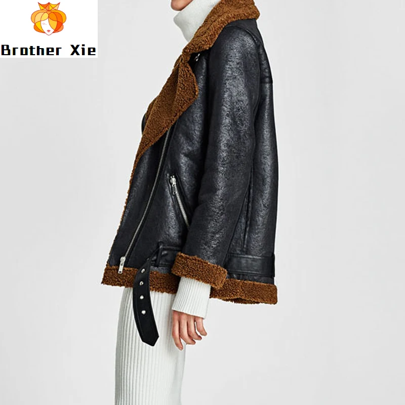 

2020 New New Women Faux Lamb Fur Overcoat Winter Pu Leather Jacket Moto Zipper Coats Faux Leather Lambs Wool Fur Outerwear